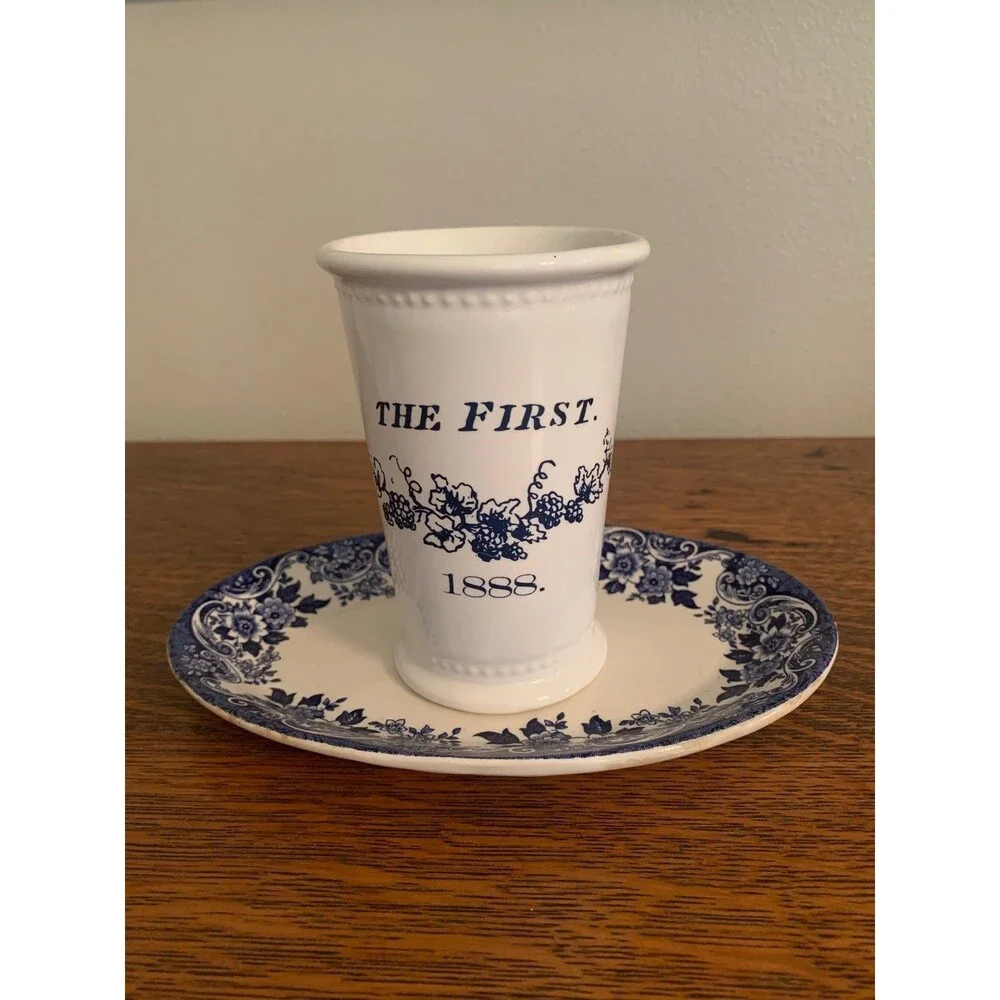 Vintage Small Ceramic White Vase with Blue Detail Home Decor Cottage Farmhouse